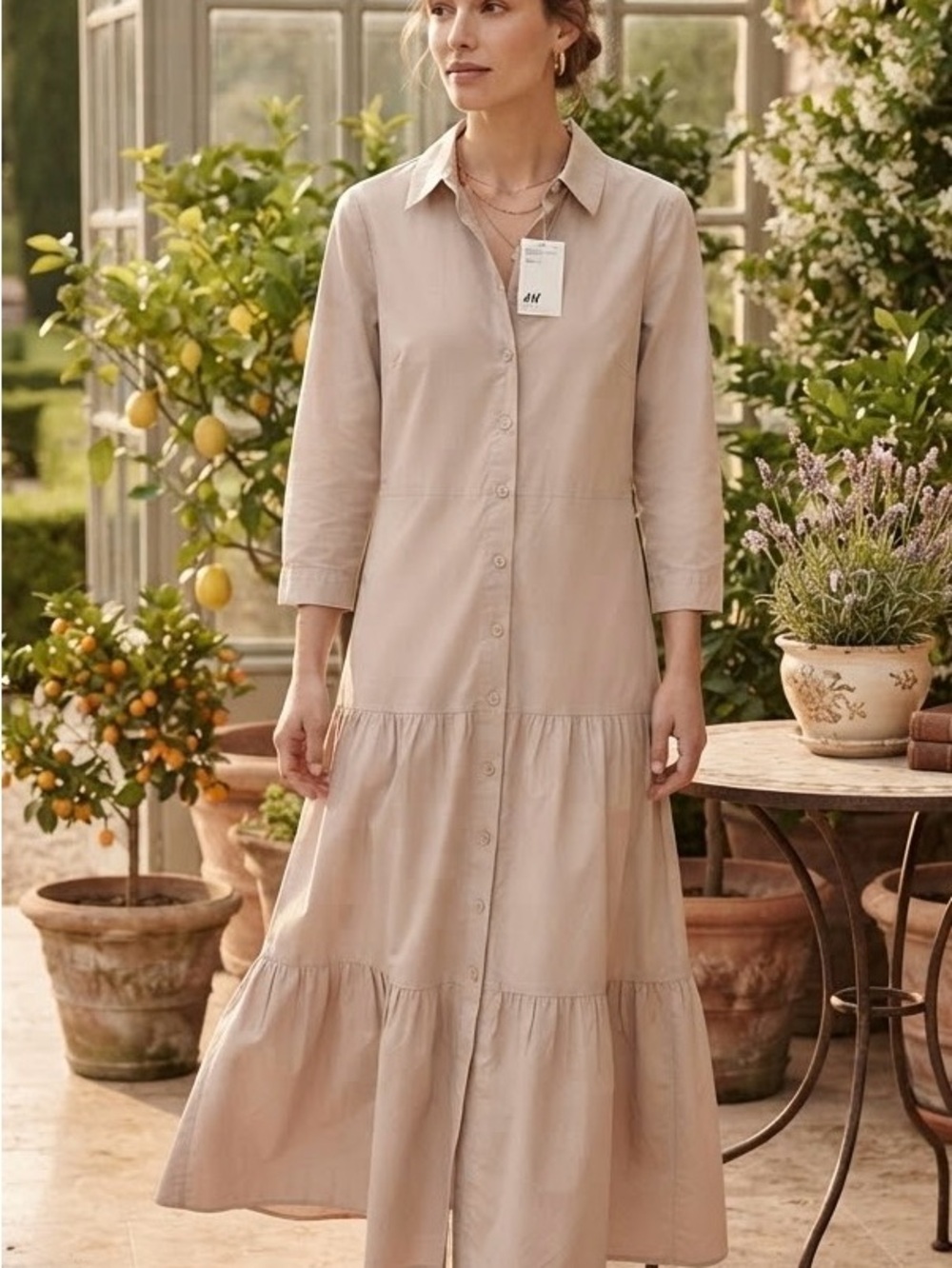 H&M Beige Button-Down Tiered Maxi Dress